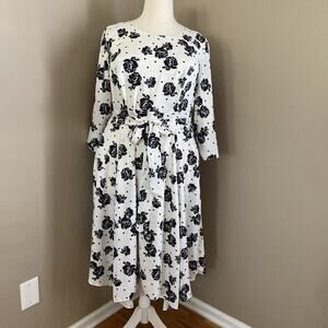 Lane Bryant White Black Floral 3/4 Sleeve Midi Pockets Fishtail Dress Size 20